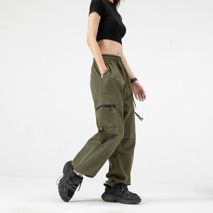 Damen Weite Cargo‑Schlaghose mit hohem Elastbund, Multitaschen und verstellbarem Saum Drune