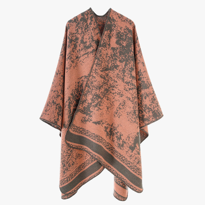 Damen Wollmix-Umhang im Poncho-Stil mit abstraktem Mélange‑Jacquard und Bordürenstreifen Drune