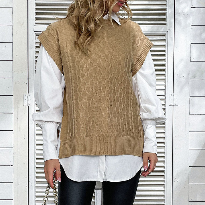 Damen Oversize Strickweste mit Zopfmuster und Rundhalsausschnitt Drune