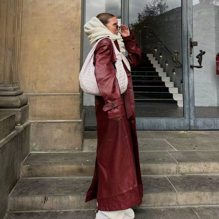 Damen nan langer veganer Trenchcoat aus Lederimitat mit Schalkragen, Bindegürtel und verstellbaren Ärmelriegeln Drune