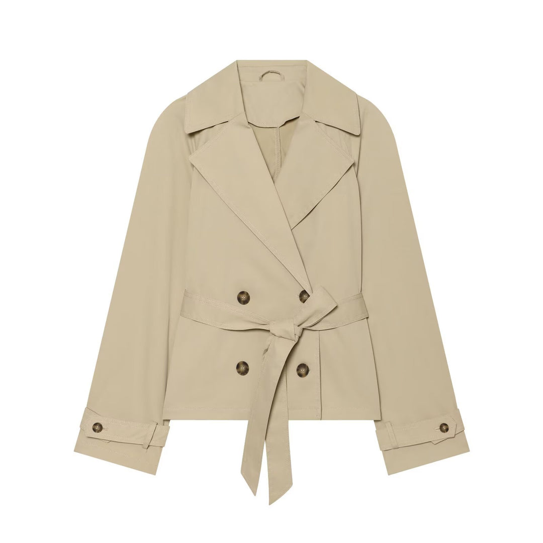 Damen Cropped Trenchjacke im Boxy‑Schnitt mit breitem Revers und Bindegürtel Drune