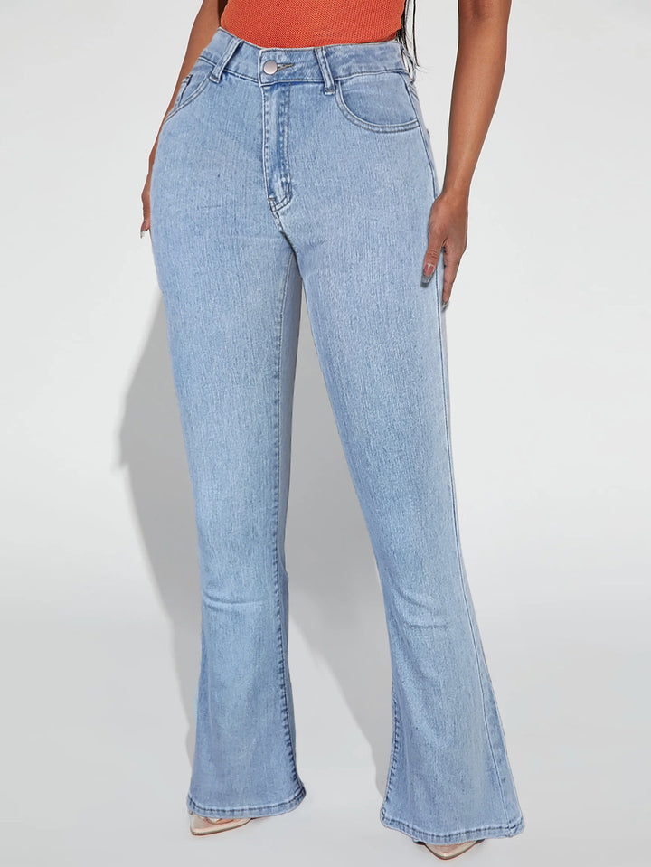Damen hochgeschnittene schmal zulaufende ausgestellte Jeans mit taillenformendem Bund Drune