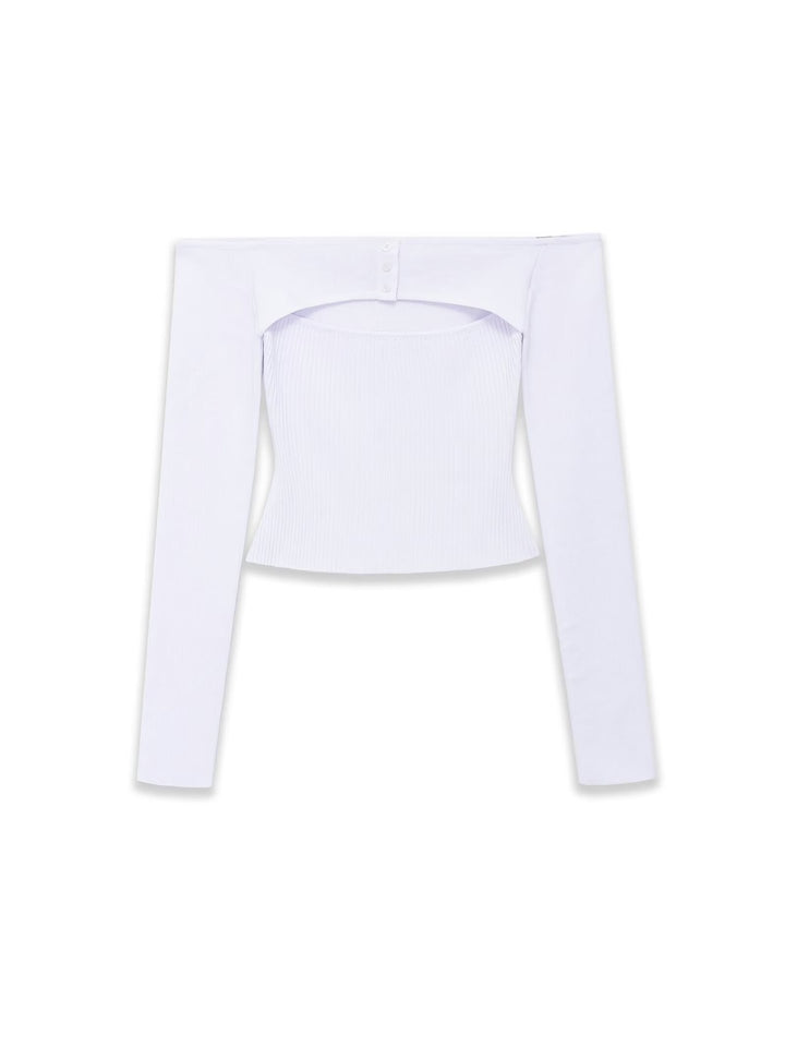 Damen Figurbetontes Off-Shoulder-Langarmtop mit integriertem Bolero und Feinstrick-Rippstruktur Drune