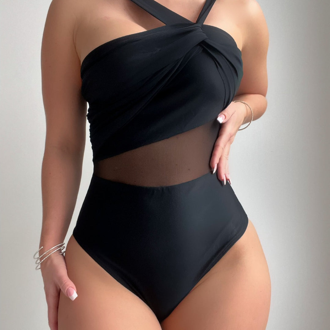 Damen Eleganter Einteiler Badeanzug mit Modernem Stoffmix Drune