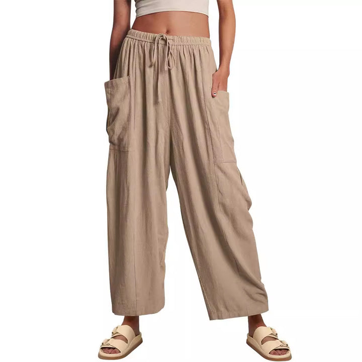 Damen nan weite Palazzohose aus leichtem Leinenmix mit Tunnelzug und seitlicher Tasche Drune