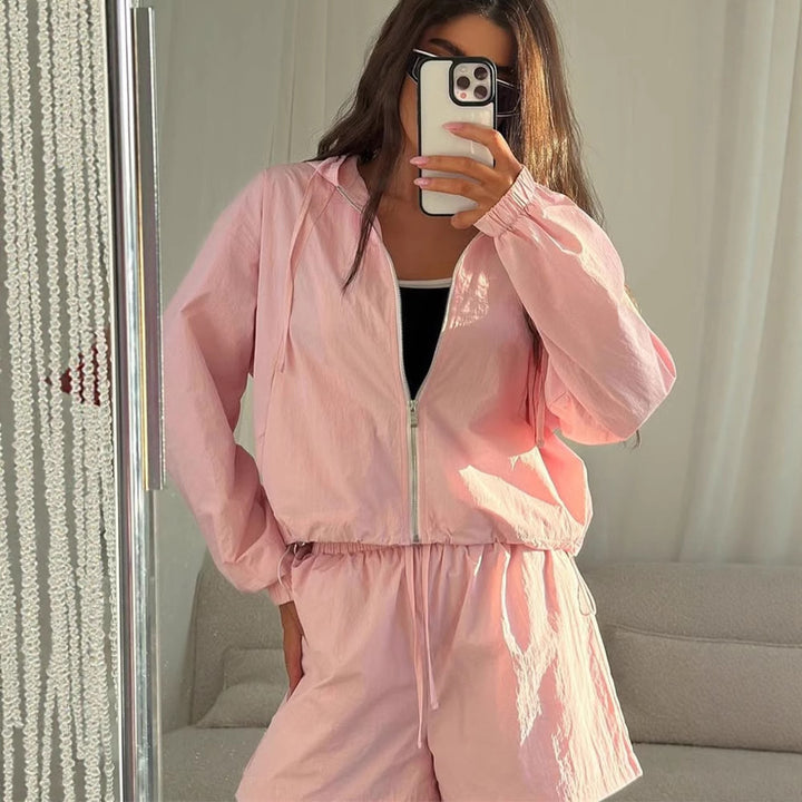 Damen modischer Kapuzenjacke und Shorts Set Drune