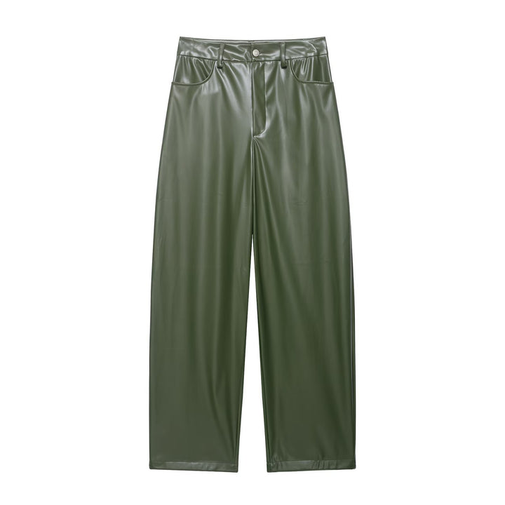 Damen Zweiteiliges PU-Leder-Ensemble mit Fieldjacke, Kordelzugtaillierung und High‑Waist Wide‑Leg Hose Drune