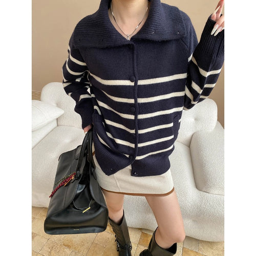 Damen lässige Strickjacke mit Streifenmuster und Kragen Drune