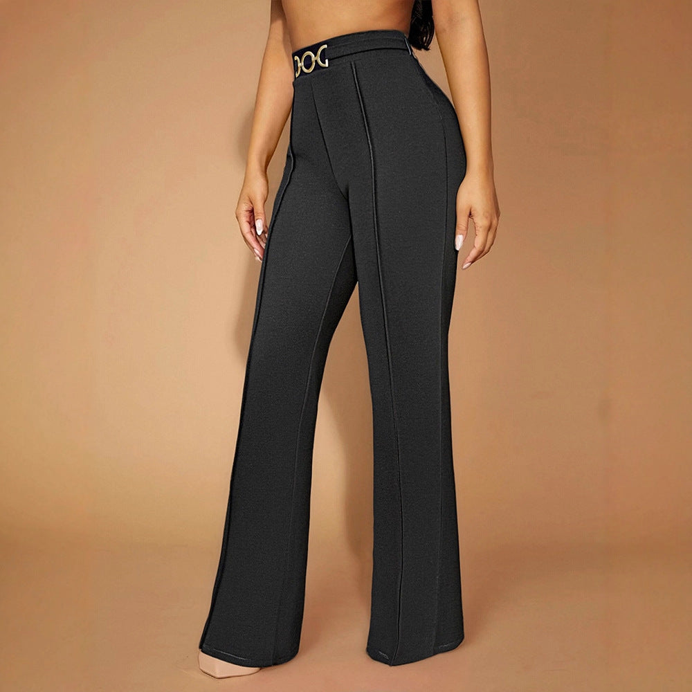 Damen Elegante Hochtaillierte Stoffhose mit diagonalen Nähte und dekorativem Gürtel Drune