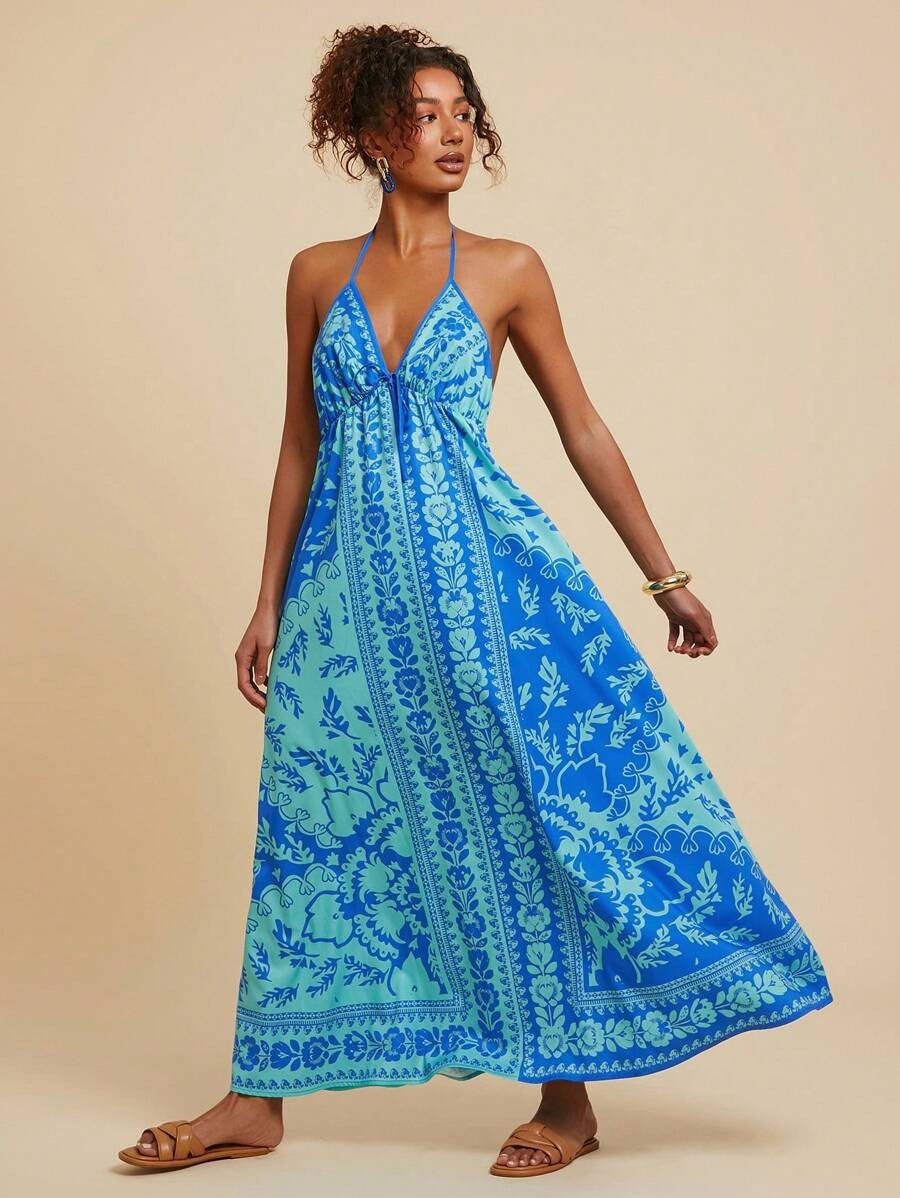 Damen Maxikleid mit tiefem V-Ausschnitt und floralen Musterdetails Drune