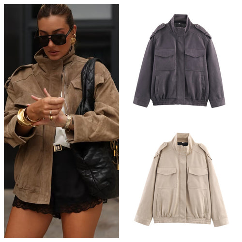 Damen modische Utility-Jacke mit hohem Kragen und praktischen Taschen Drune