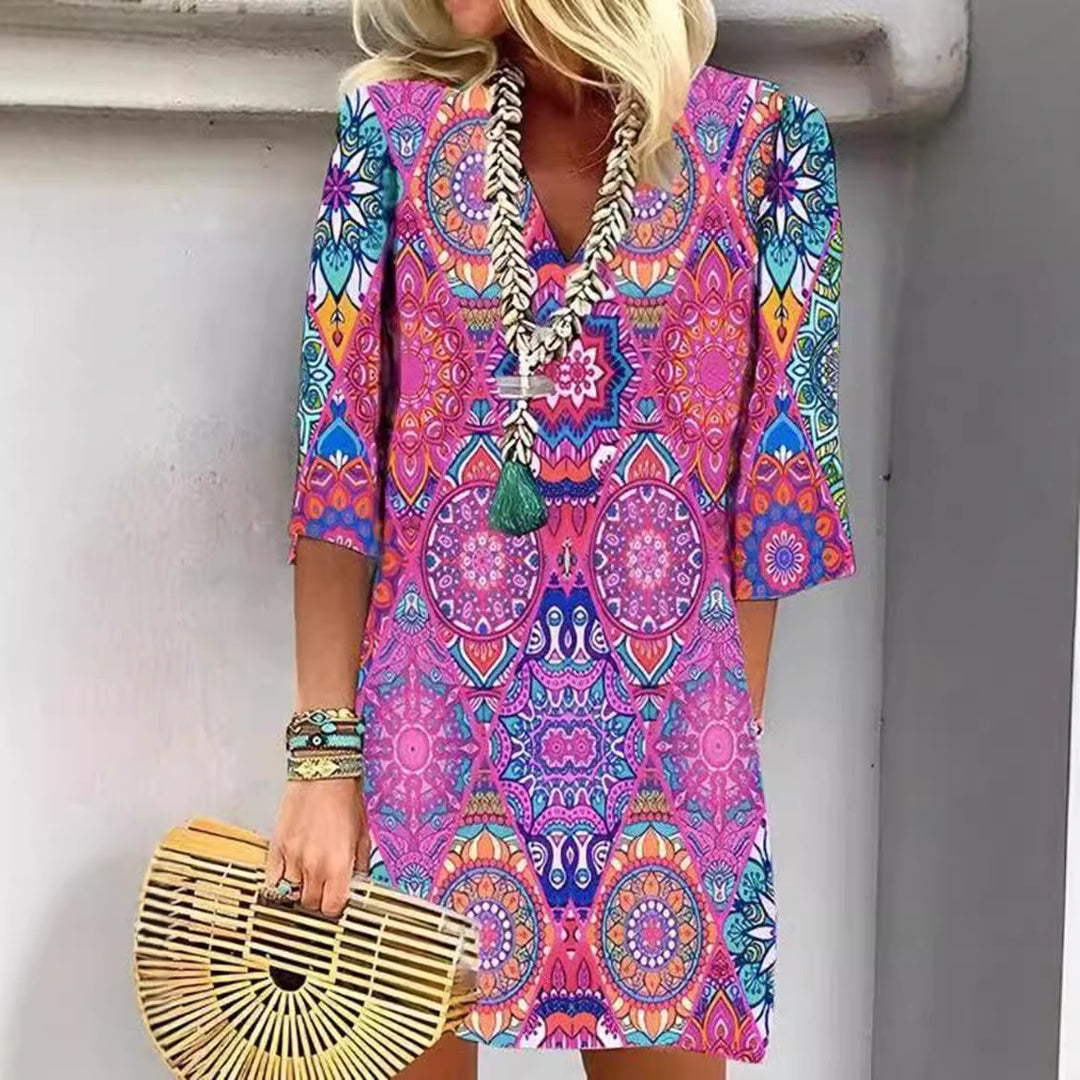 Damen Blusenkleid mit buntem mandala-inspiriertem Design und V-Ausschnitt Drune