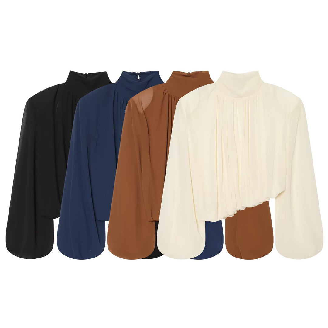 Damen Plissierte Bluse mit Stehkragen und Ballonärmeln Drune