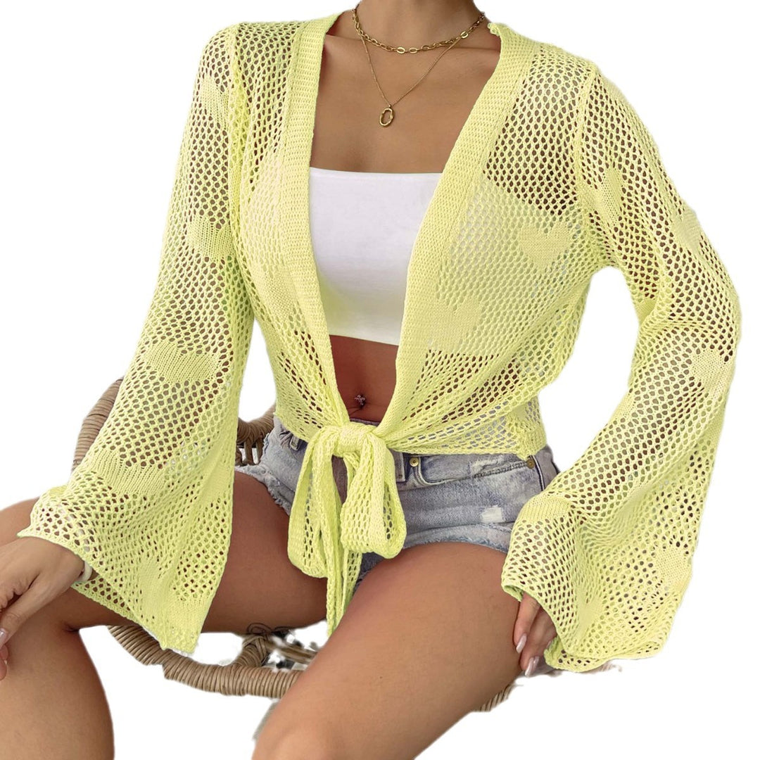 Damen luftiger Strick-Kimono mit offener Front und Kordelzug Drune