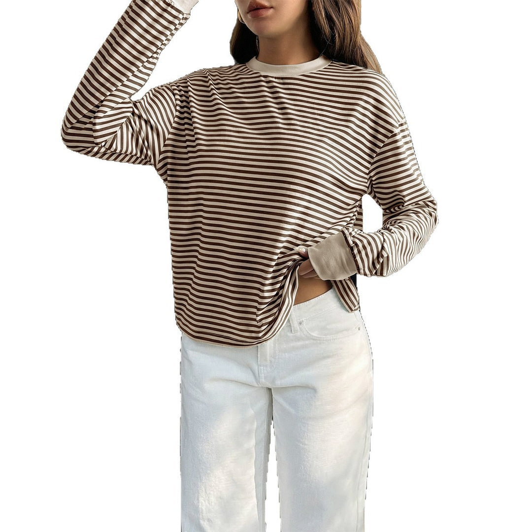 Damen nan lässiges gestreiftes Oversize-Longsleeve mit kontrastierendem Rundhalsausschnitt und verlängertem Rückensaum Drune
