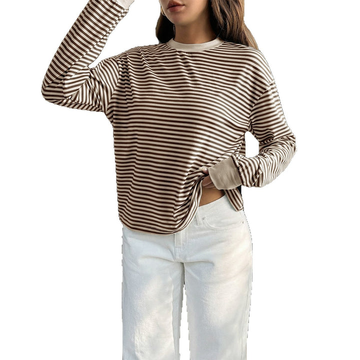 Damen nan lässiges gestreiftes Oversize-Longsleeve mit kontrastierendem Rundhalsausschnitt und verlängertem Rückensaum Drune