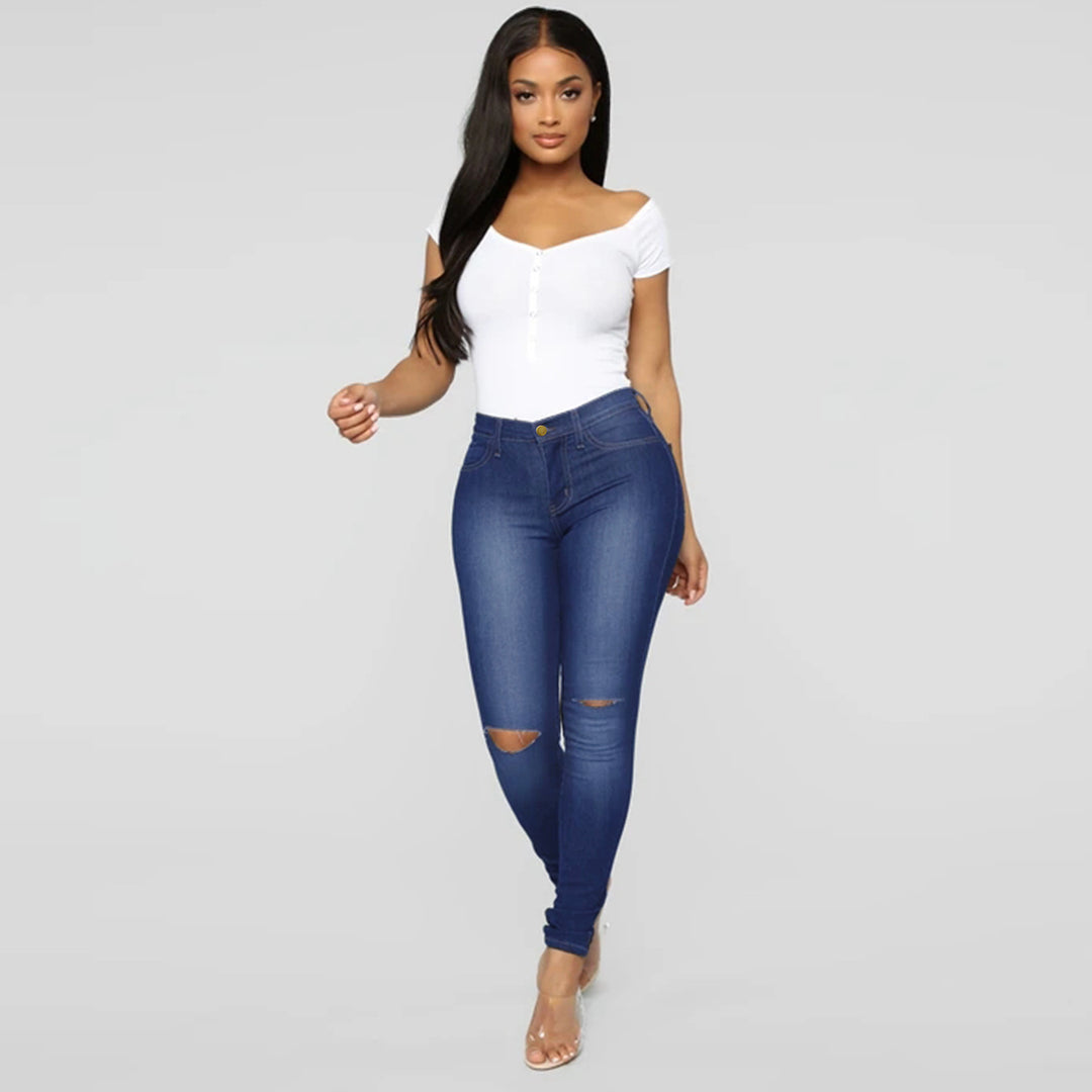 Damen High-Waist Skinny-Jeans mit Knie-Rissen und figurformendem Schnitt Drune