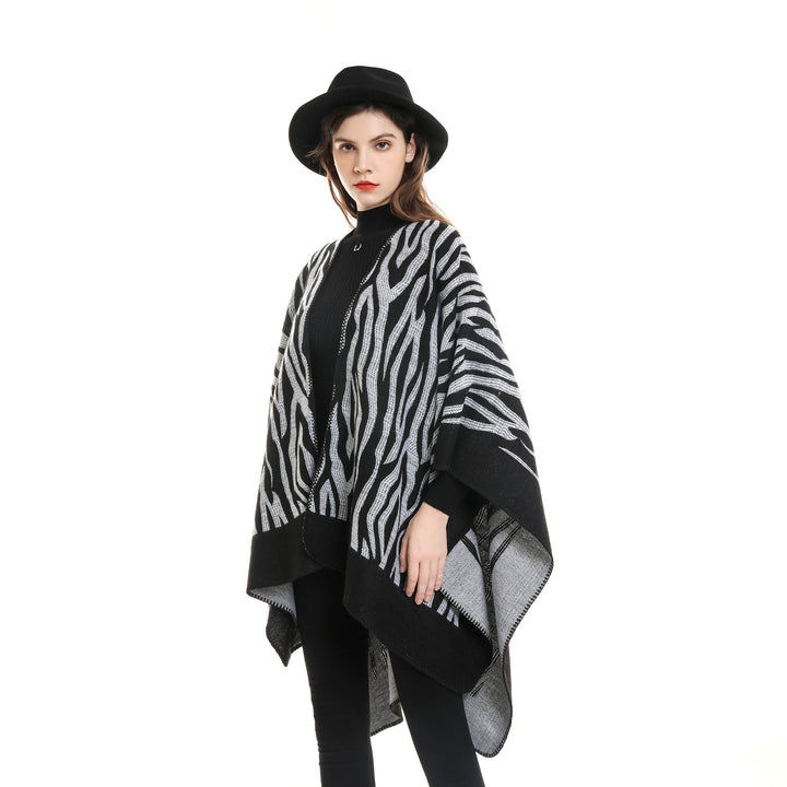 Damen Zebra‑Jacquard Poncho‑Cape im Oversize‑Kimono‑Fall aus weichem Feinstrick Drune
