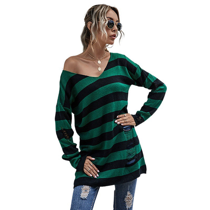 Damen Off-Shoulder Strickpullover mit Streifen Drune