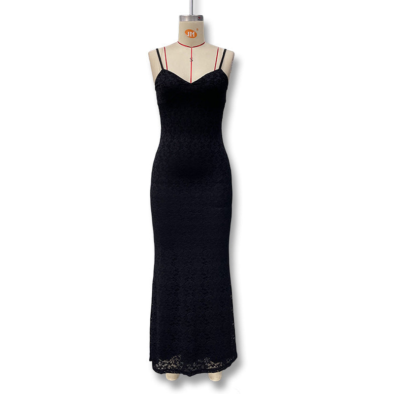 Damen Elegantes Maxikleid mit feiner Spitze und V-Ausschnitt Drune