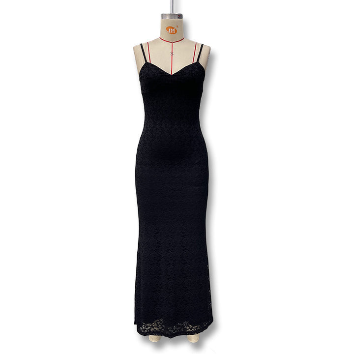 Damen Elegantes Maxikleid mit feiner Spitze und V-Ausschnitt Drune