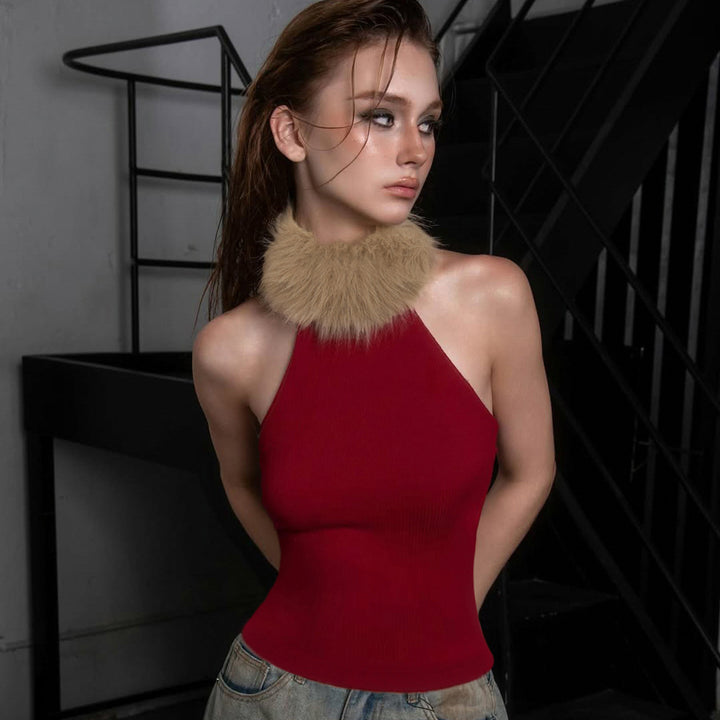 Damen elegantes langes Abendkleid mit raffiniertem Halter-Design und luxuriösem Kunstfellkragen Drune