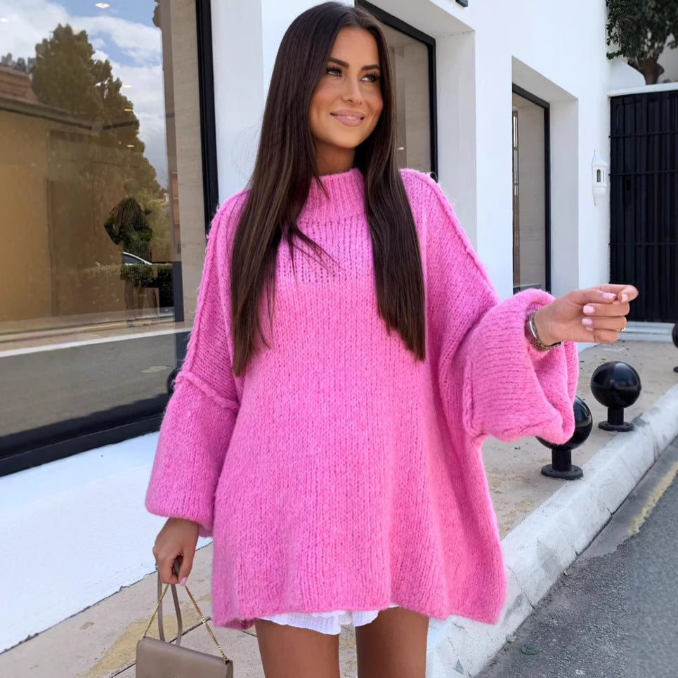 Damen oversized Strickpullover mit hohem Kragen und Ballonärmeln Drune