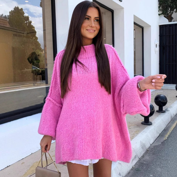 Damen oversized Strickpullover mit hohem Kragen und Ballonärmeln Drune