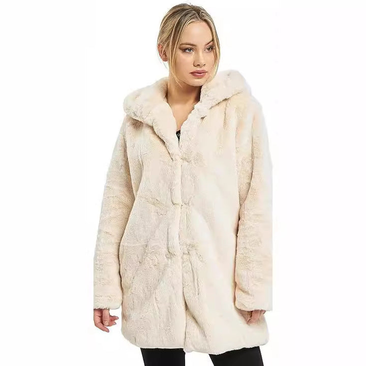 Damen Midilanger Kunstpelzmantel mit Kapuze, Teddy-Finish und verdeckter Knopfleiste Drune