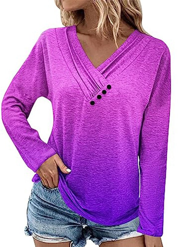 Damen Gerippter V-Ausschnitt Pullover mit Farbverlauf, Zierknöpfen und legerer Passform Drune