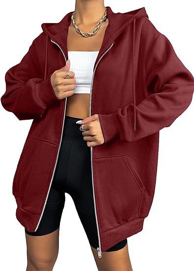 Damen nan oversized Zip-Kapuzenjacke mit kontrastierendem Reißverschluss, doppellagiger Kapuze und Kängurutasche Drune