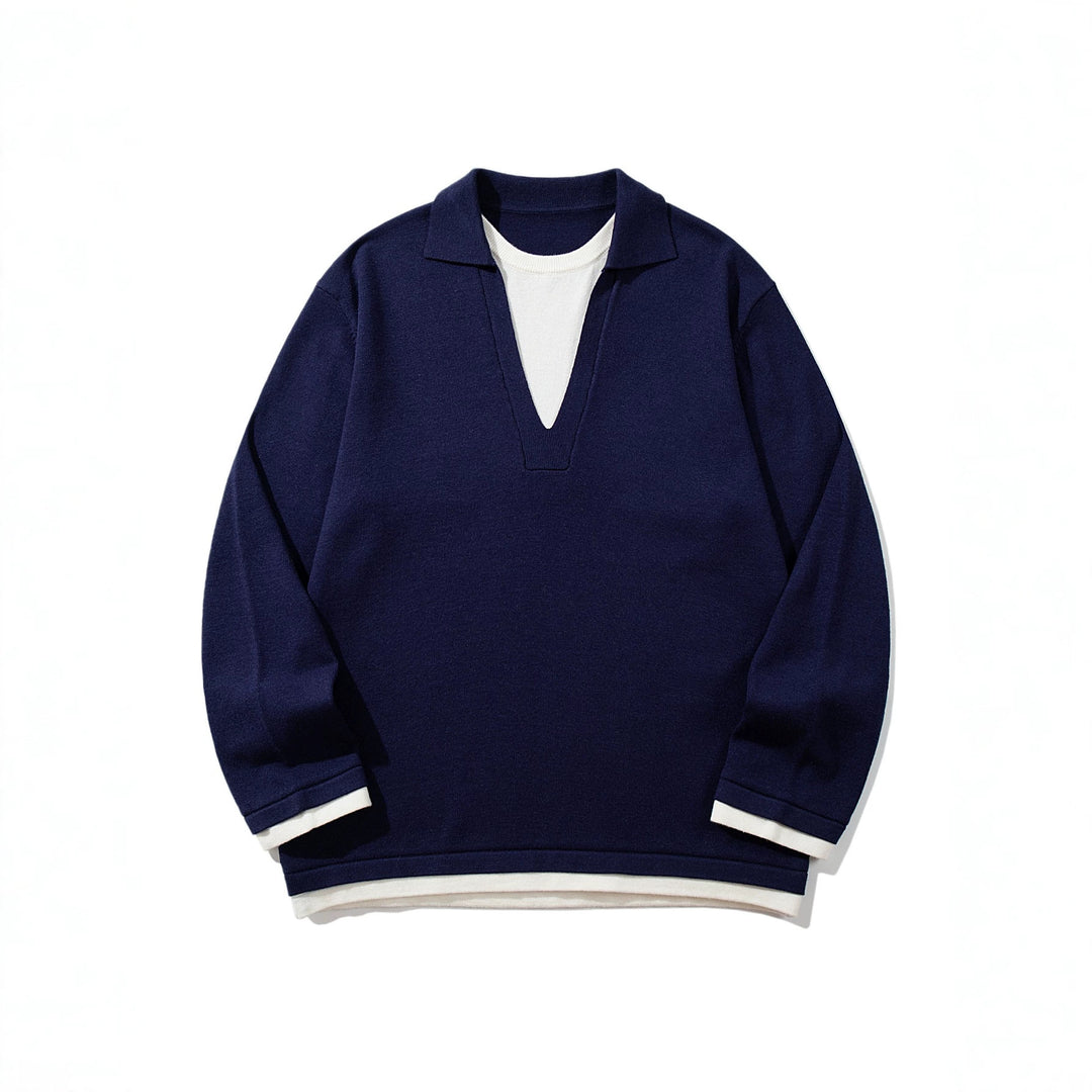 Unisex Lässiger Oversize Strickpullover mit tiefem V Einsatz und Hemd‑Layer Optik Drune
