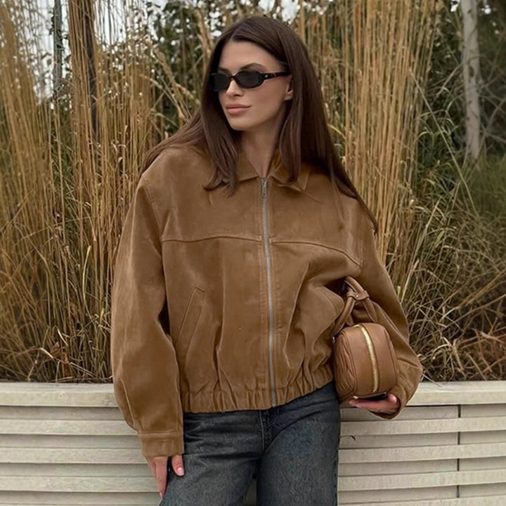 Damen Modische Wildlederjacke mit elastischem Bund und asymmetrischem Kragen Drune