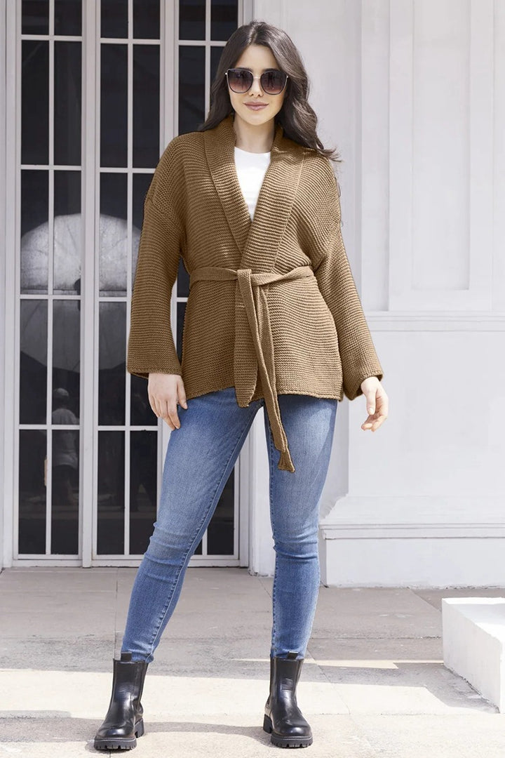 Damen lässiger Strickcardigan mit Taillengürtel und Schulternähten Drune