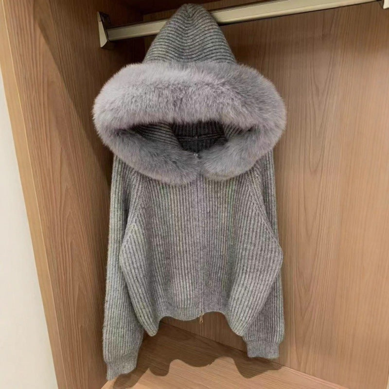 Damen Softes Rippenstrickjacke mit luxuriösem Pelzkragen Drune