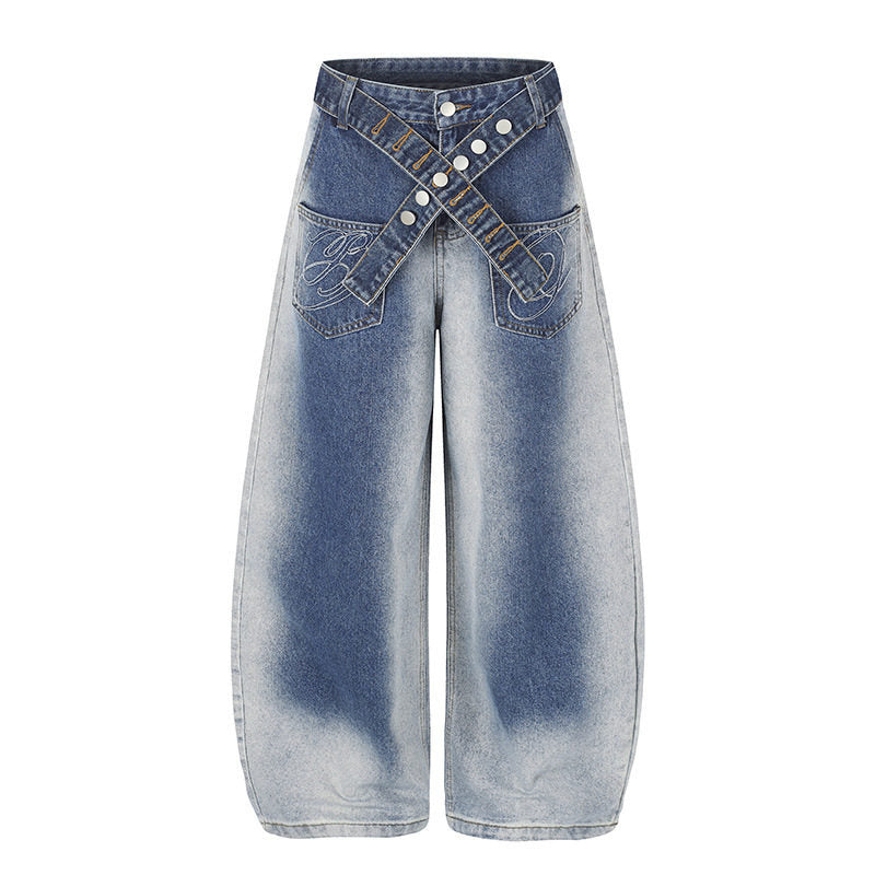 Damen Extraweite High‑Waist Palazzo-Jeans mit gekreuztem Zierbund und bestickten Taschen Drune