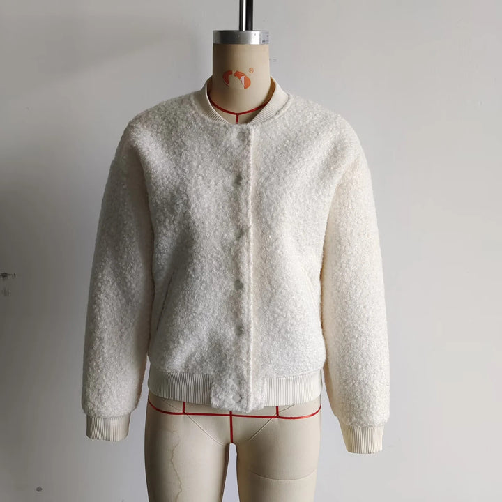 Damen nan kuschelige Teddy-Bomberjacke im College‑Style mit verdeckter Druckknopfleiste und eingearbeiteten Taschen Drune