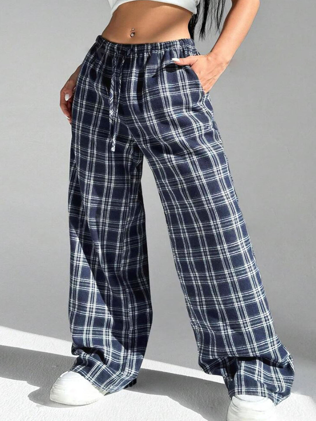 Damen Weite Karo Freizeithose mit elastischem Bund und Kordelzug Drune