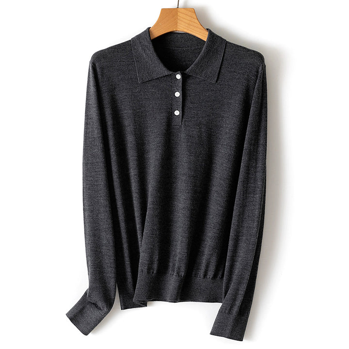 Damen Feiner Langarm-Polo-Pullover aus Feinstrick mit Knopfleiste Drune