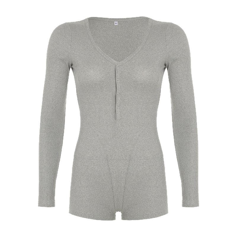 Damen Langarm-Bodysuit mit V-Ausschnitt und Knopfleiste Drune