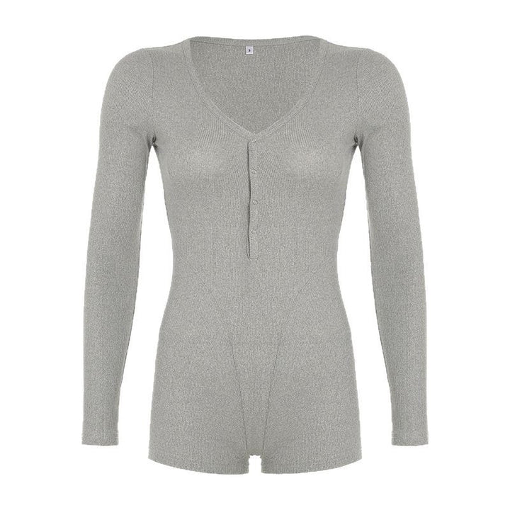 Damen Langarm-Bodysuit mit V-Ausschnitt und Knopfleiste Drune