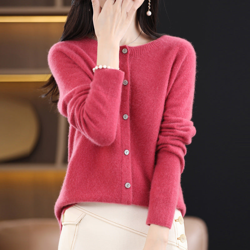 Damen Kurzgeschnittener Cardigan in Mohair‑Optik mit Rundhalsausschnitt und Perlmuttknöpfen Drune