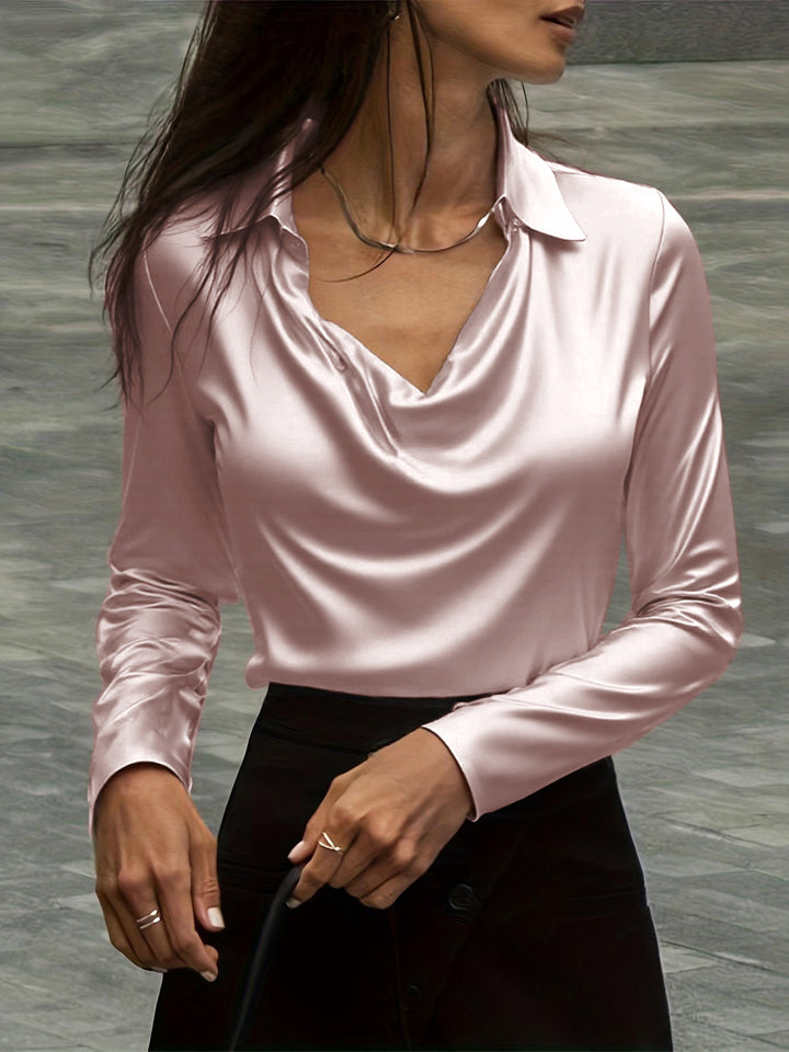 Damen Satinbluse mit Wasserfallkragen und Hemdkragen Drune