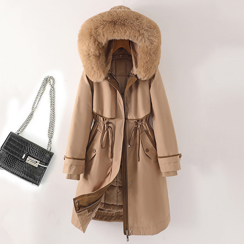 Damen nan langer Parka mit Kunstfellkapuze Taillenzug und kontrastierten Paspeln Drune