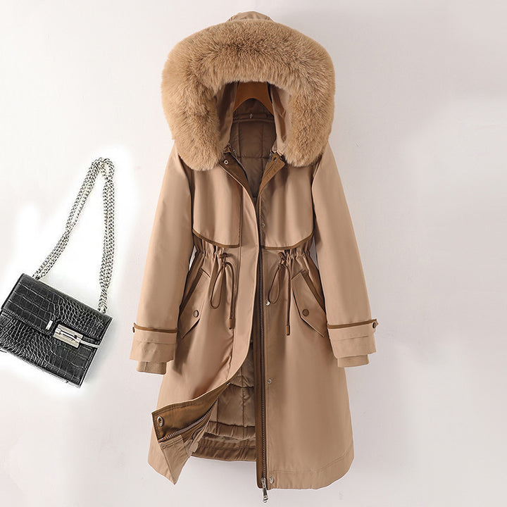 Damen nan langer Parka mit Kunstfellkapuze Taillenzug und kontrastierten Paspeln Drune