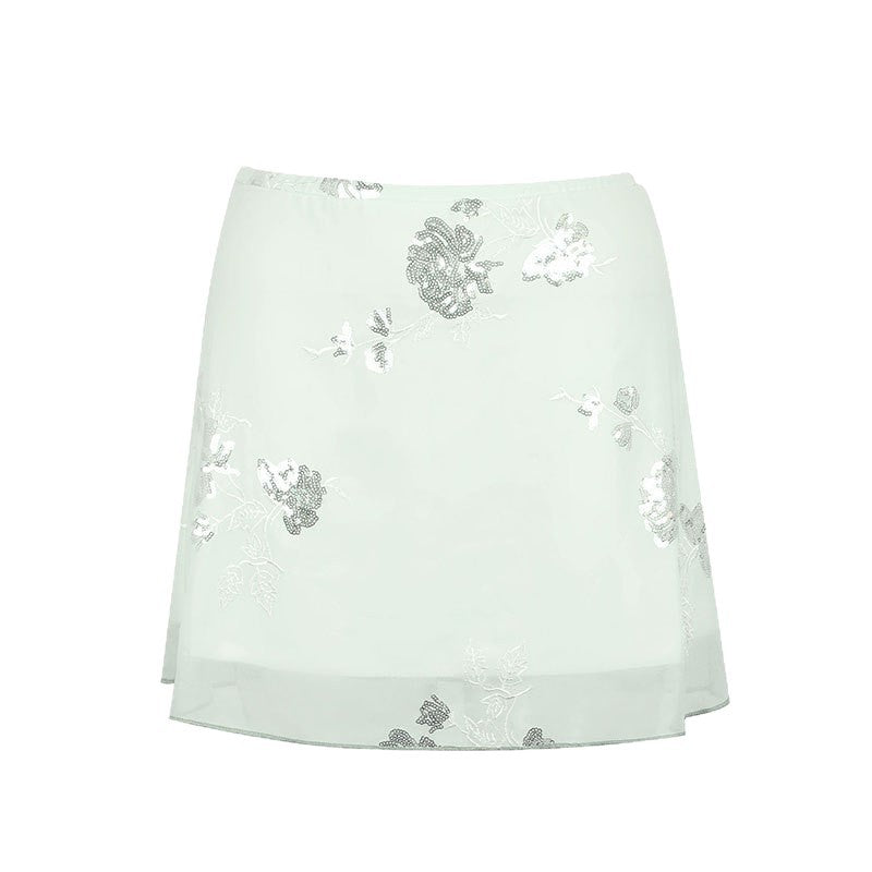 Damen transparenter Rock mit floralem Design und glitzernden Akzenten Drune