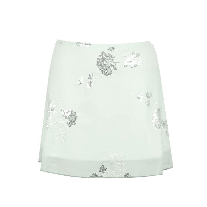 Damen transparenter Rock mit floralem Design und glitzernden Akzenten Drune