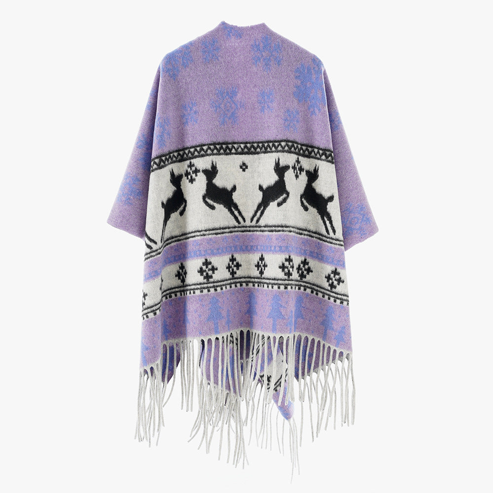 Damen Oversize-Poncho mit Norweger-Motiv und Fransen aus Wollmix Drune
