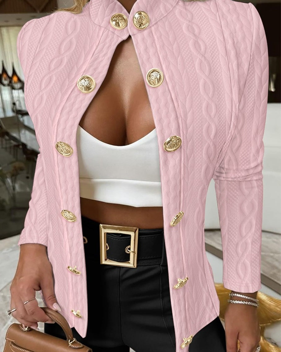 Damen Eleganter Strickblazer mit goldenen Knöpfen und Stehkragen Drune
