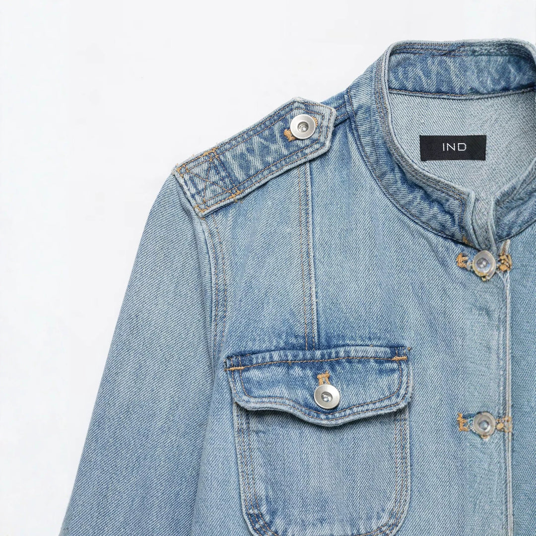 Damen Boxy-Denimjacke im Safari‑Look mit Stehkragen und vier aufgesetzten Taschen Drune